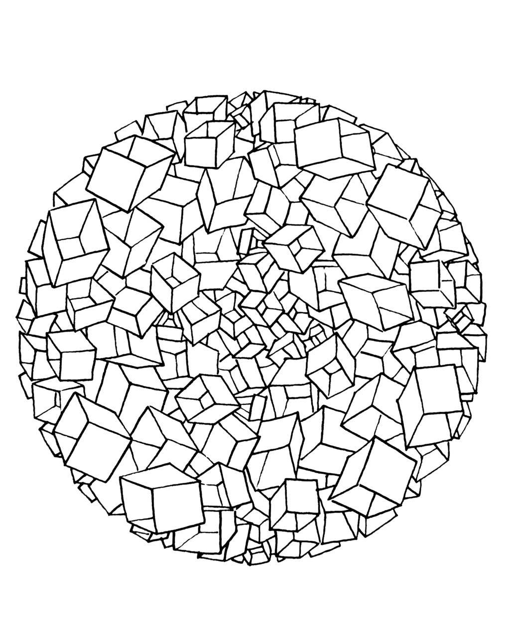 Coloriage Mandala géométrique 3D aux formes cubiques - Mandala à imprimer